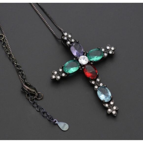 MULTI COLOR STONE CROSS PENDANT NECKLACE 18-20” ADJUSTABLE STANDARD SZ. - Picture 1 of 7